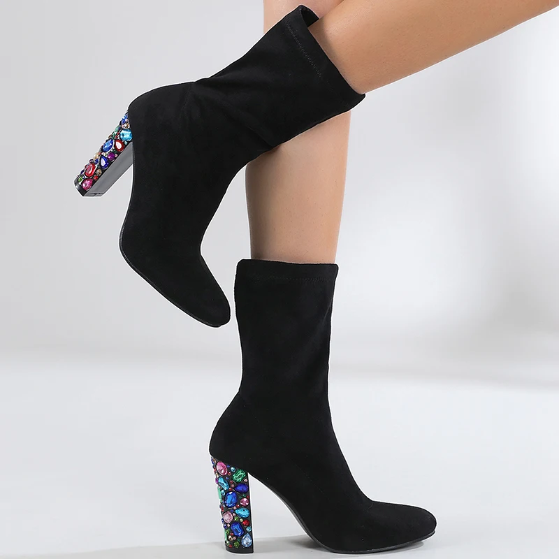 Autumn Winter Pointed Thick Heel Sequins Women's Boots Solid Color Black Fashion Ankle Boots Short Tube Slip On Elastic Fabric