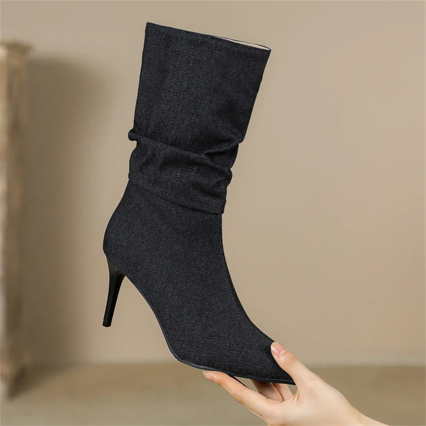 

Thin High Heel Women Boots 2023 Winter Pointed Toe Sexy Stilettos Women Shoes Pleated Denim Ankle Boots Big Size 48 Dropshopping