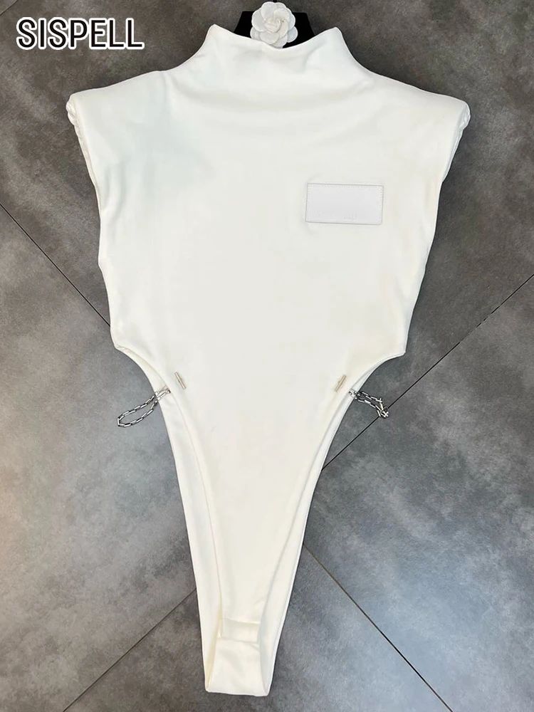 

SISPELL Sexy White Bodysuits For Women Turtleneck Sleeveless Patchwork Chain Cut Out High Waist Bodysuits Female Summer Clothing