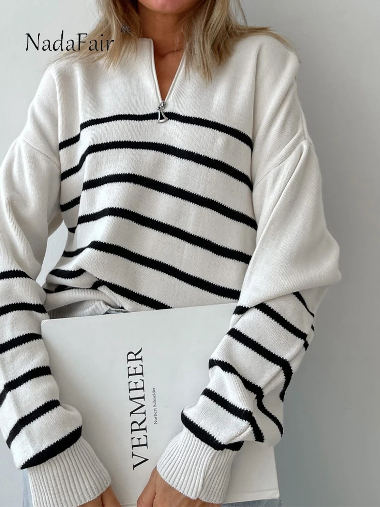 

Nadafair O Neck Zipper Striped Knitted Oversized Sweater Y2K Casual Loose Green Pullover Patchwork Basic Women Autumn Winter