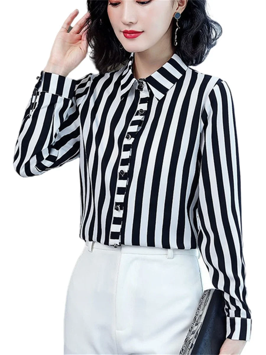 

4XL Women Spring Summer Blouses Shirts Lady Fashion Casual Long Sleeve Turn-down Colla Stripe Printing Blusas Tops TT2076