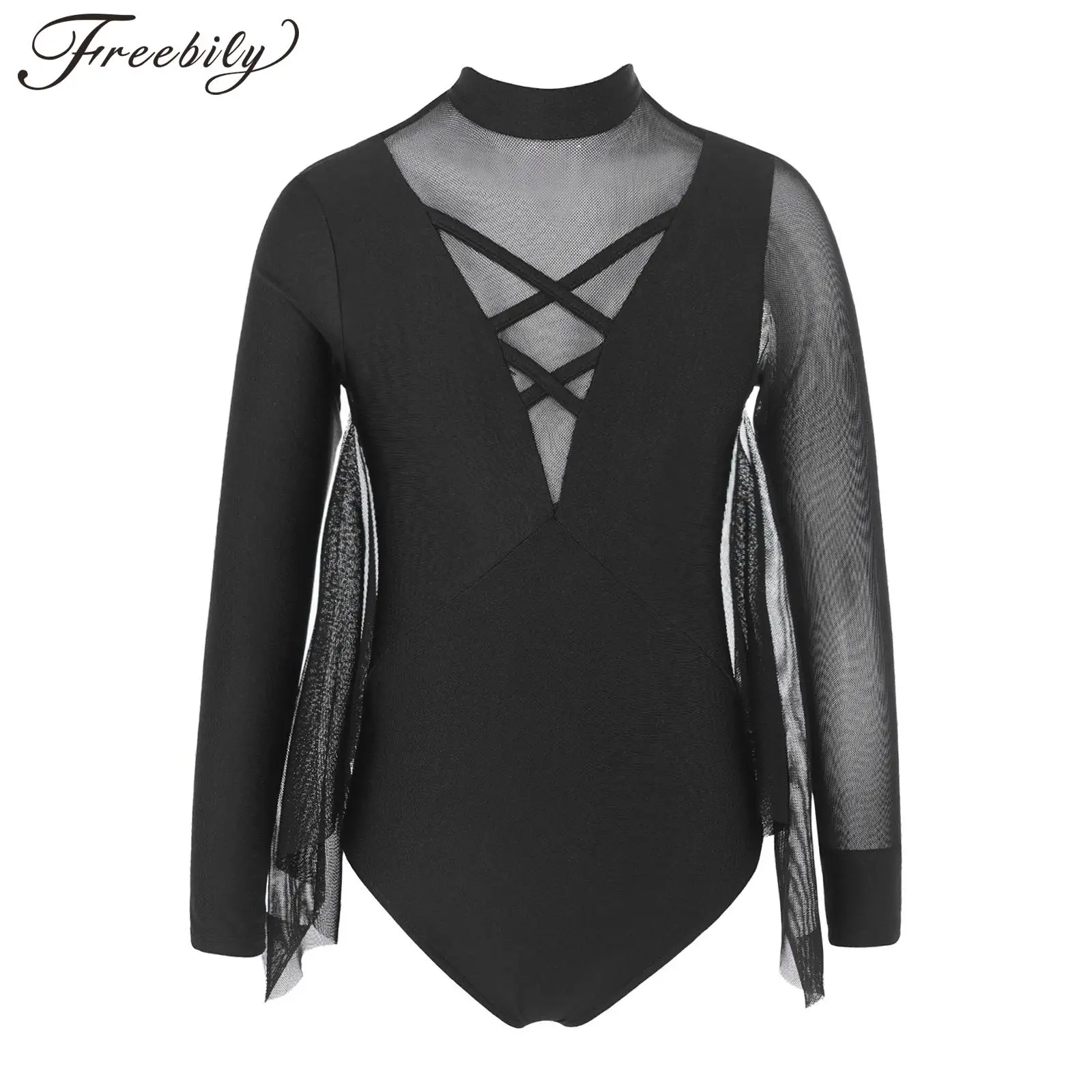 

Kids Girls Sheer Mesh Long Sleeve Ballet Leotard Mock Neck Backless Skating Costume for Dance Gymnastic Training Performance