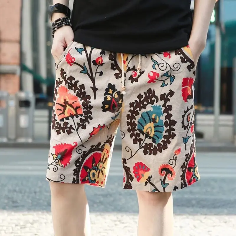 

Summer Men's Cotton Linen Beach Pants Casual Five-Point Printing Large Trunks Loose Quick-Drying Men's Shorts Plus Size Shorts