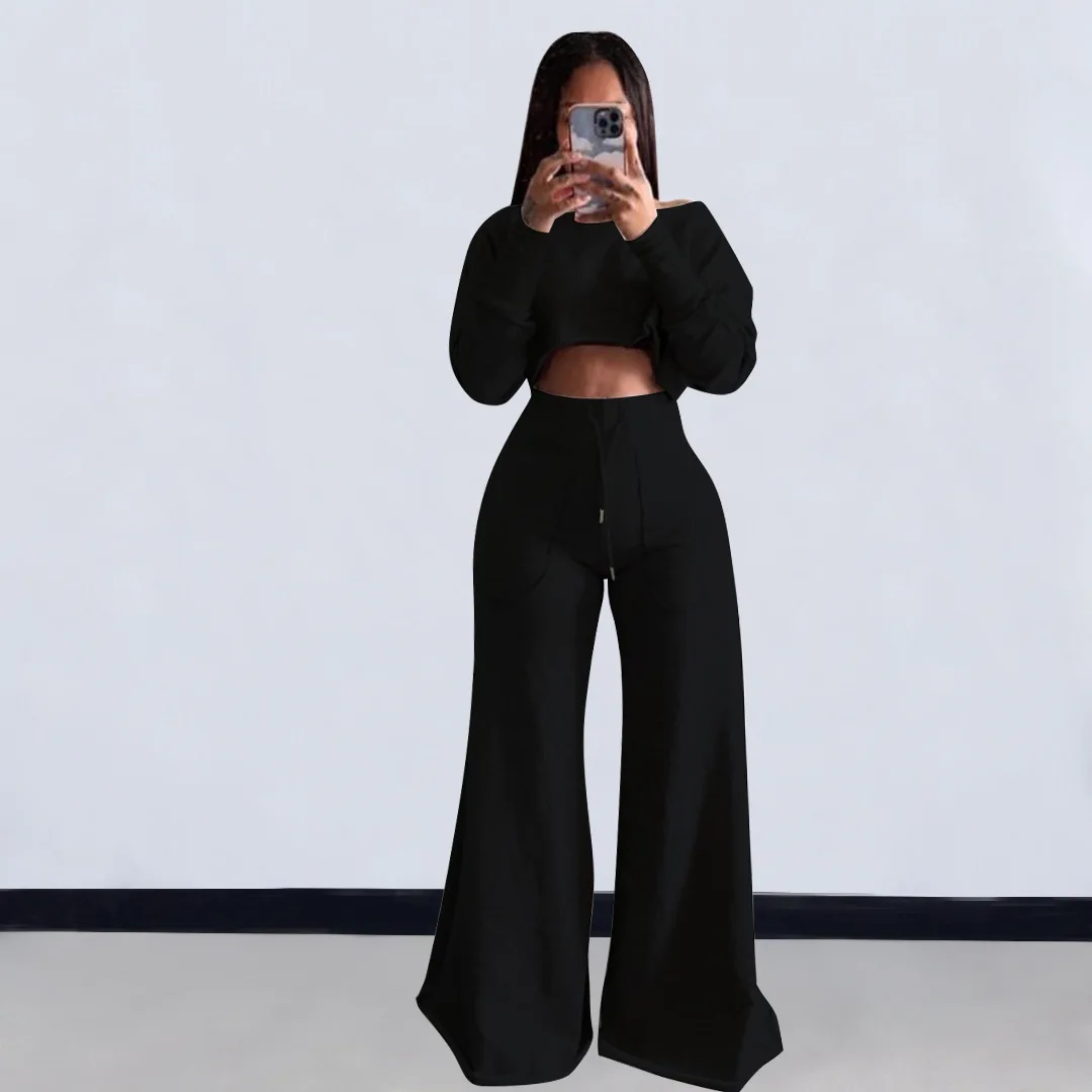

Fashion Women's Solid Color Set Long Sleeve Round Neck Waist Hollow Out+Wide Leg Straight Tube Trousers 2023 Autumn Casual Appar