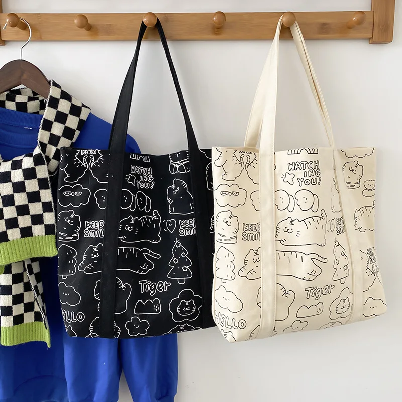 

2022 New Girls Shoulder Bags Full-sized Little Tiger Illustration Large-capacity Canvas Tote Bag