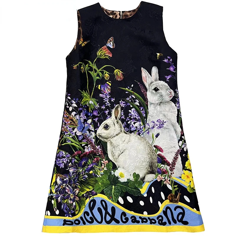 

Dresses For Women 2023 Runway Luxury Designer Summer Short Tank sleeveless Rabbit Flower print Loose Balck Vintage Mini Dress