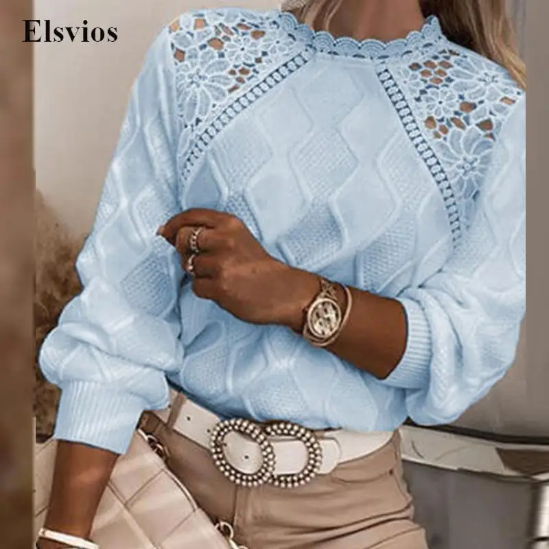 

Elegant Flower Embroidery Lace Sweater Jumper Fashion O Neck Long Sleeve Lady Knitted Sweaters Women Casual Solid Tops Pullover