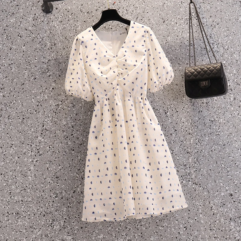 

Элегантное свободное шифоновое платье с V-образным вырезом и поясом, Новинка лета 2022, женская одежда большого размера, тонкое платье с цвето...