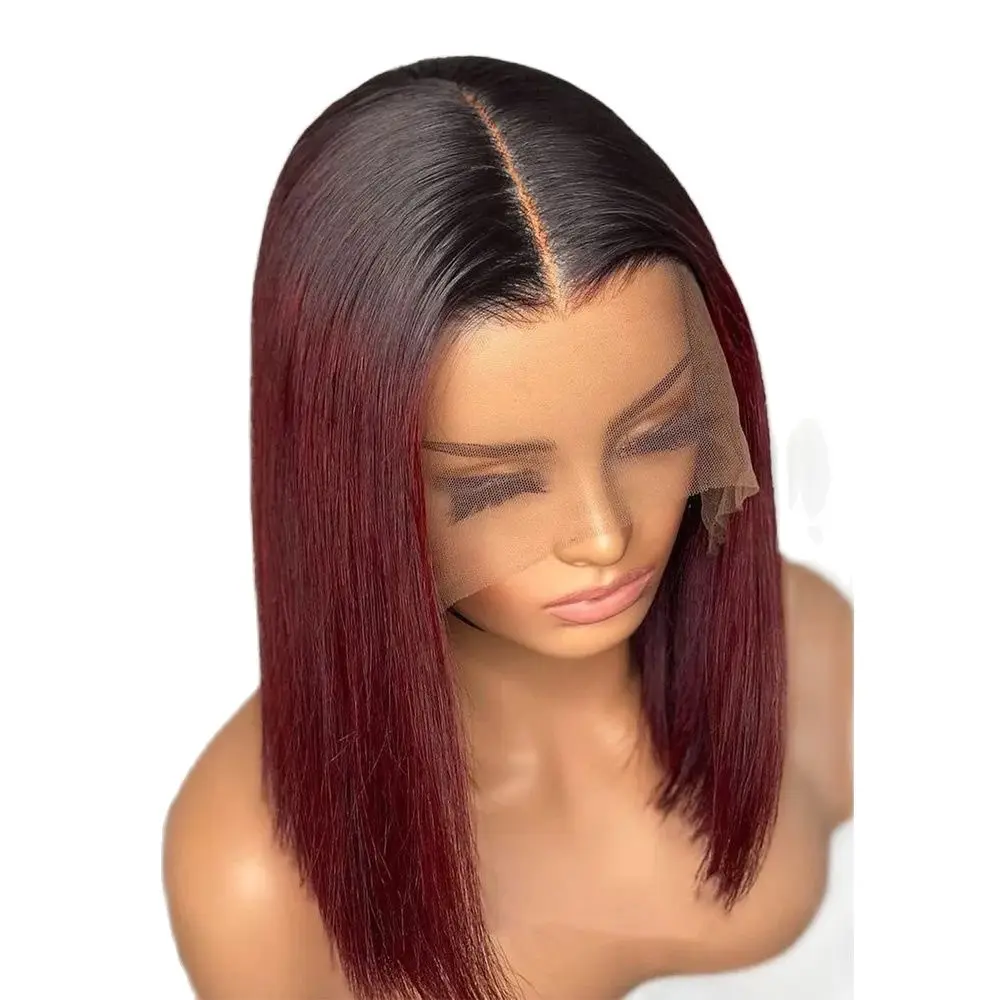 

1B/99J Burgundy Ombre 13x4 Lace Front Wig Pre Plucked Silky Straight Brazilian Remy Short Bob 4x4 Closure Wigs Women 150 Density