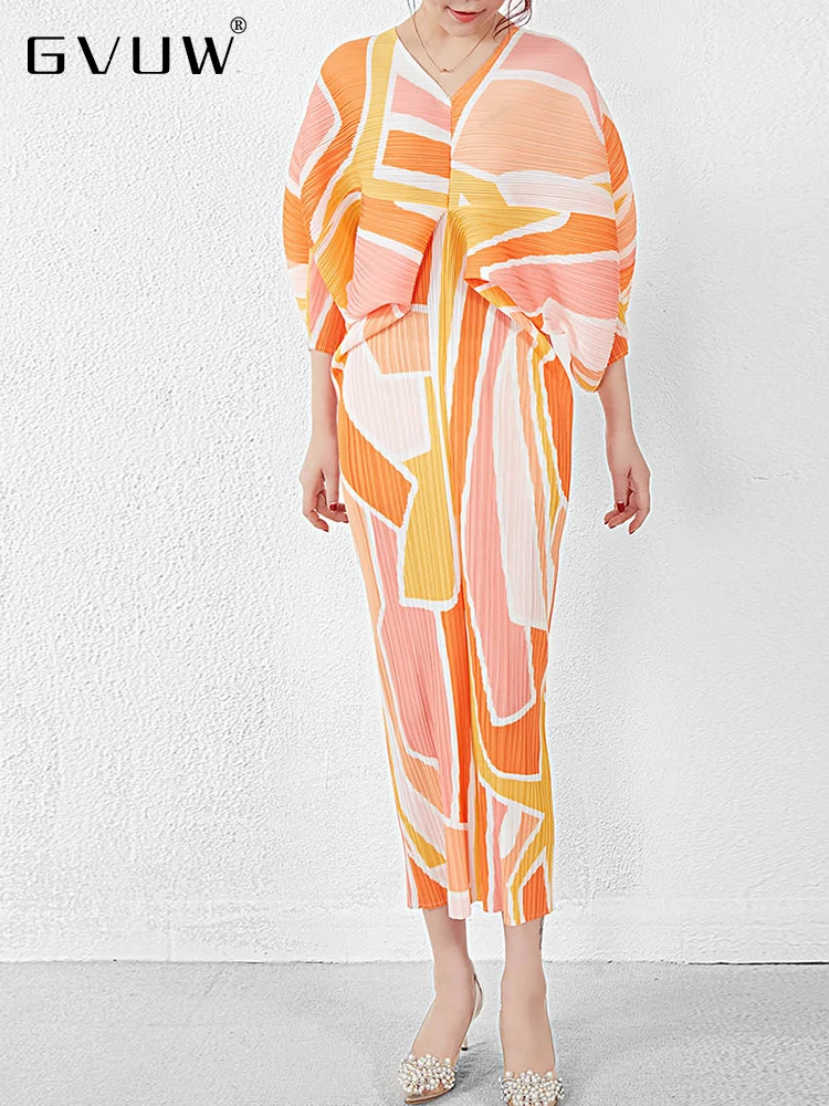 

GVUW Pleated Dress For Women V-neck Batwing Sleeve Loose Casual Patchwork Color 2023 Summer Female Print Elegant Dresses 17J0319