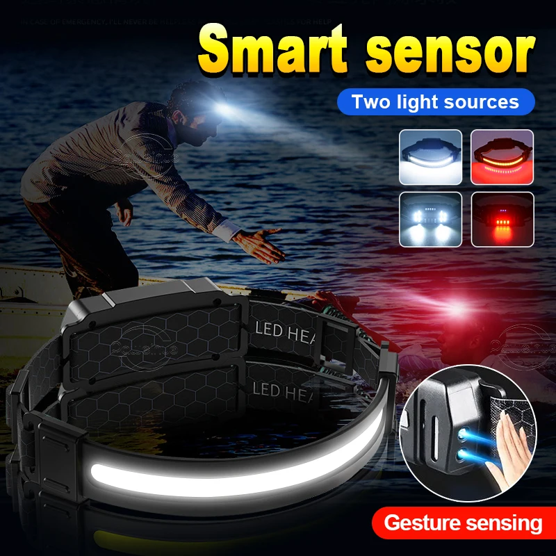 

Super Powerful Headlamp With Infrared Sensor 8Modes Red White COB Headlight Usb Type-C Rechargeable Head Flashlight For Work