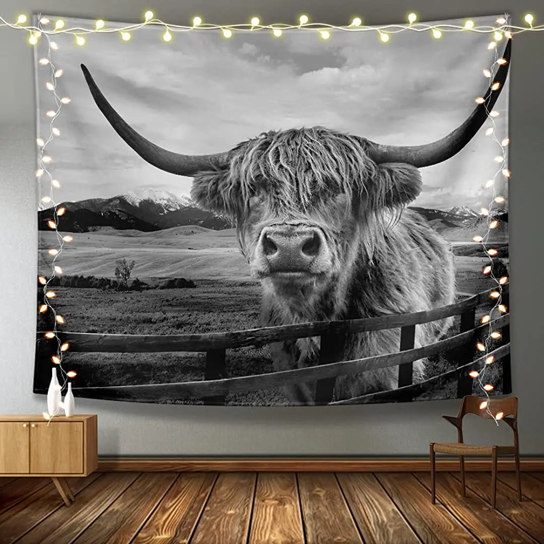 

Highland Cow Tapestry Black and White Fence Wall Hanging Curtains for Bedroom Home Dorm Decor