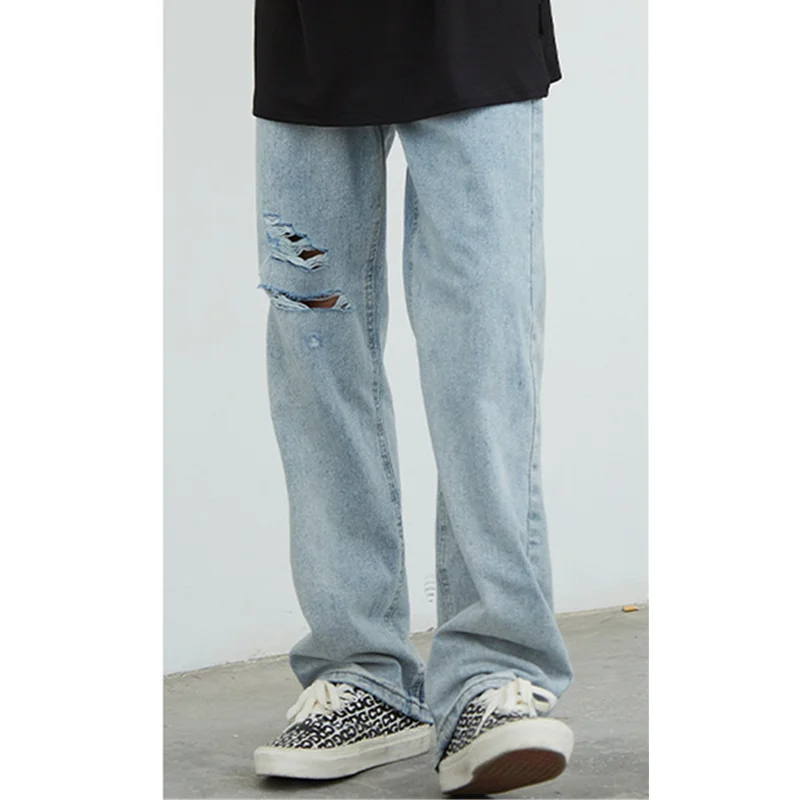 Streetwear Men 2022 Fashion New Pattern Recreational Black Pants Straight Cylinder Comfortable Loose Ripped Jeans Autumn Female