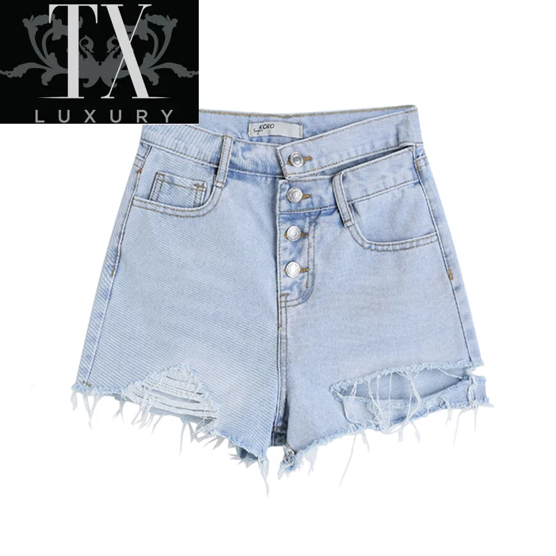 

High Waist Women Jeans Ripped Summer Korean Casual Fashion Irregular Loose Streetwear Female Denim Shorts