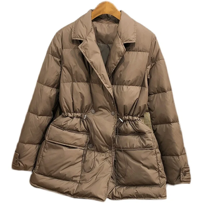 Women's Winter  Jacket Korean Version Thick Waisted Suit Lapel Mid Length White Duck Down Coat
