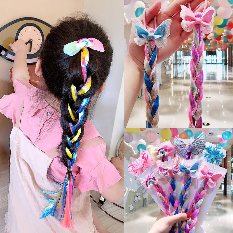 

New Girls Cute Cartoon Bow Butterfly Colorful Braid Headband Kids Wig Ponytail Holder Rubber Bands Hair Accessories