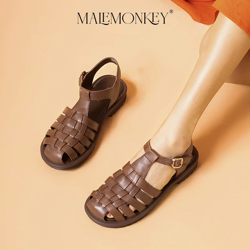 MALEMONKEY Weave Sandals Women Genuine Leather Outdoor Breathable Roman New Casual Solid Color Summer Ladies Flat Shoes Handmade