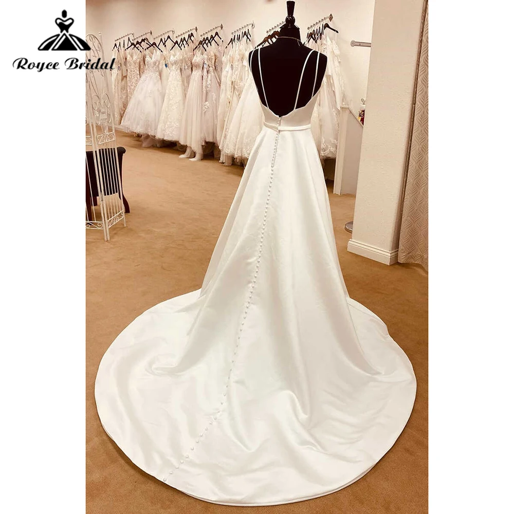 

Simple Sexy V Neck Spaghetti Straps Open Back Button Pleat Satin A Line Wedding Dress For Women Boho Bridal Gowns Vestidos De