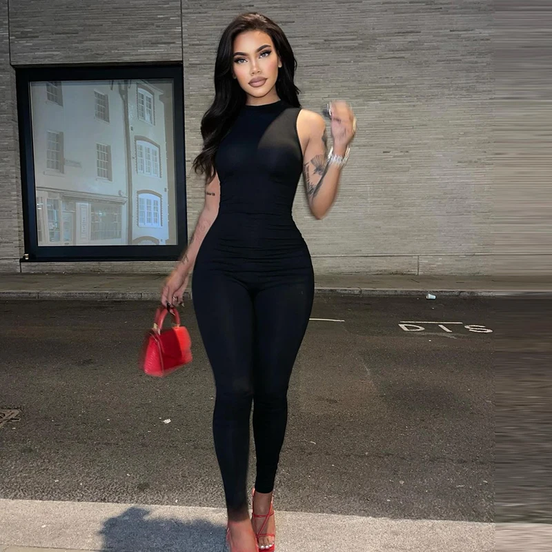

Basics Sleeveless Racer Neck Skinny Leg Bodycon Jumpsuits Women Activewear One Piece Outfit