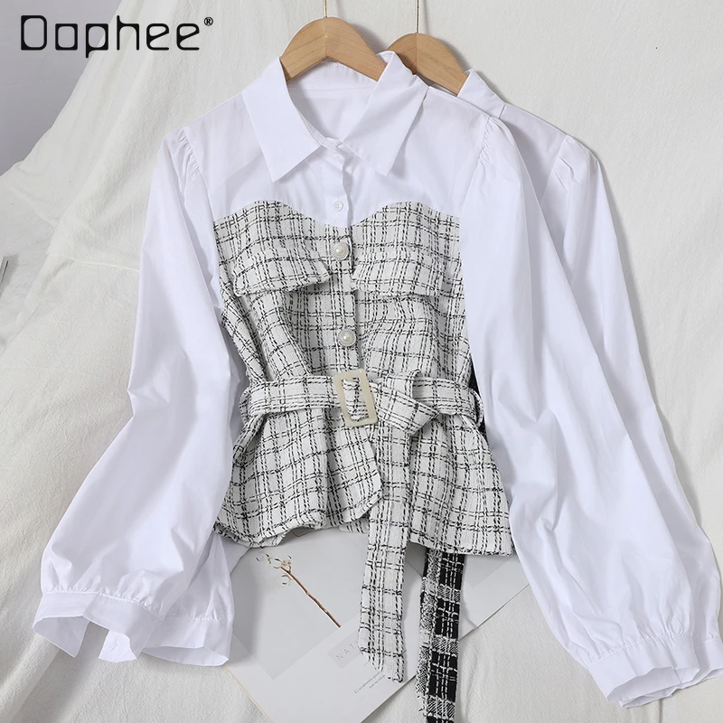 

Блузка женская однобортная в клетку, модная строченная блузка контрастных цветов, на шнуровке, в стиле пэчворк, весенняя одежда