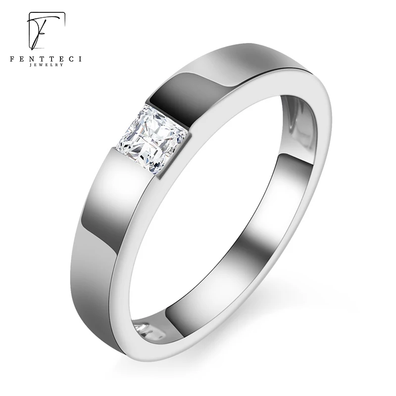 FENTTECI S925 Sterling Silver AAAAA Zircon Men's Diamond Ring Wedding Ring Square Stone Couple's Ring For Men Boyfriend Gift