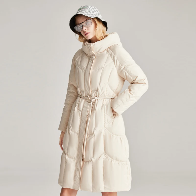 JAZZEVAR 2022 New Ladies Hooded Drawstring Waist Slim-fit Mid-length Winter Down Jacket Women's Warm Outwear