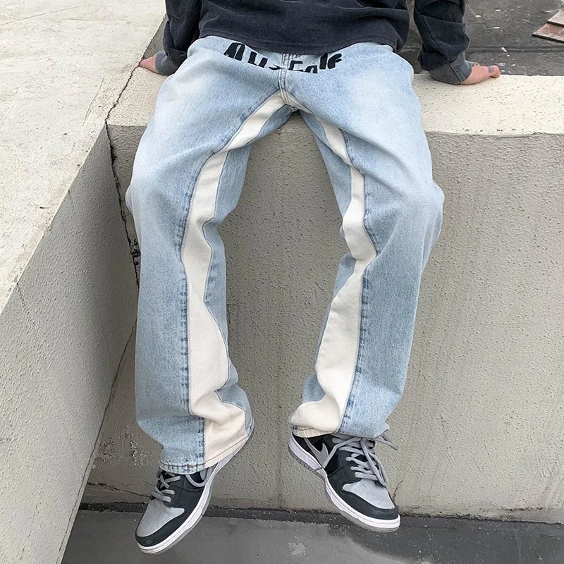 Blue Baggy Jeans Men Fashion Letter Print Casual Wide Leg Jeans Mens Streetwear Loose Hip Hop Straight Denim Pants Men M-2XL