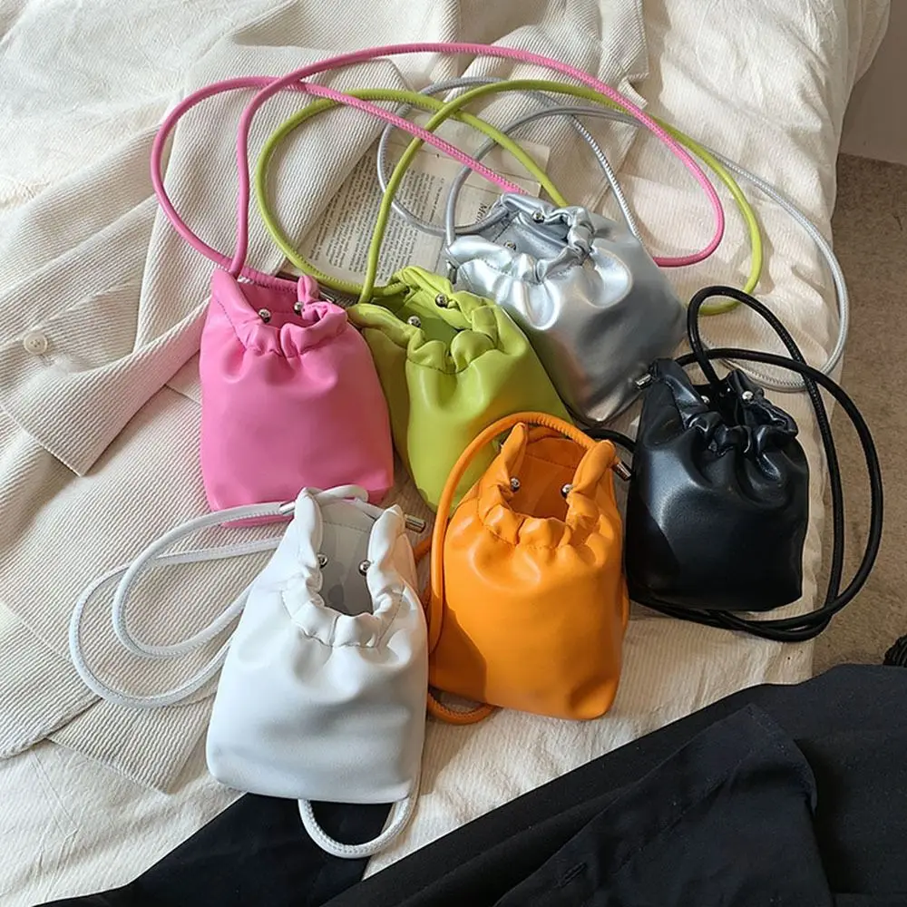 Candy Color Mobile Phone Bag Soft Leather Mini Drawstring Crossbody Bag Single Shoulder Bag Simple Trendy Women's Bag