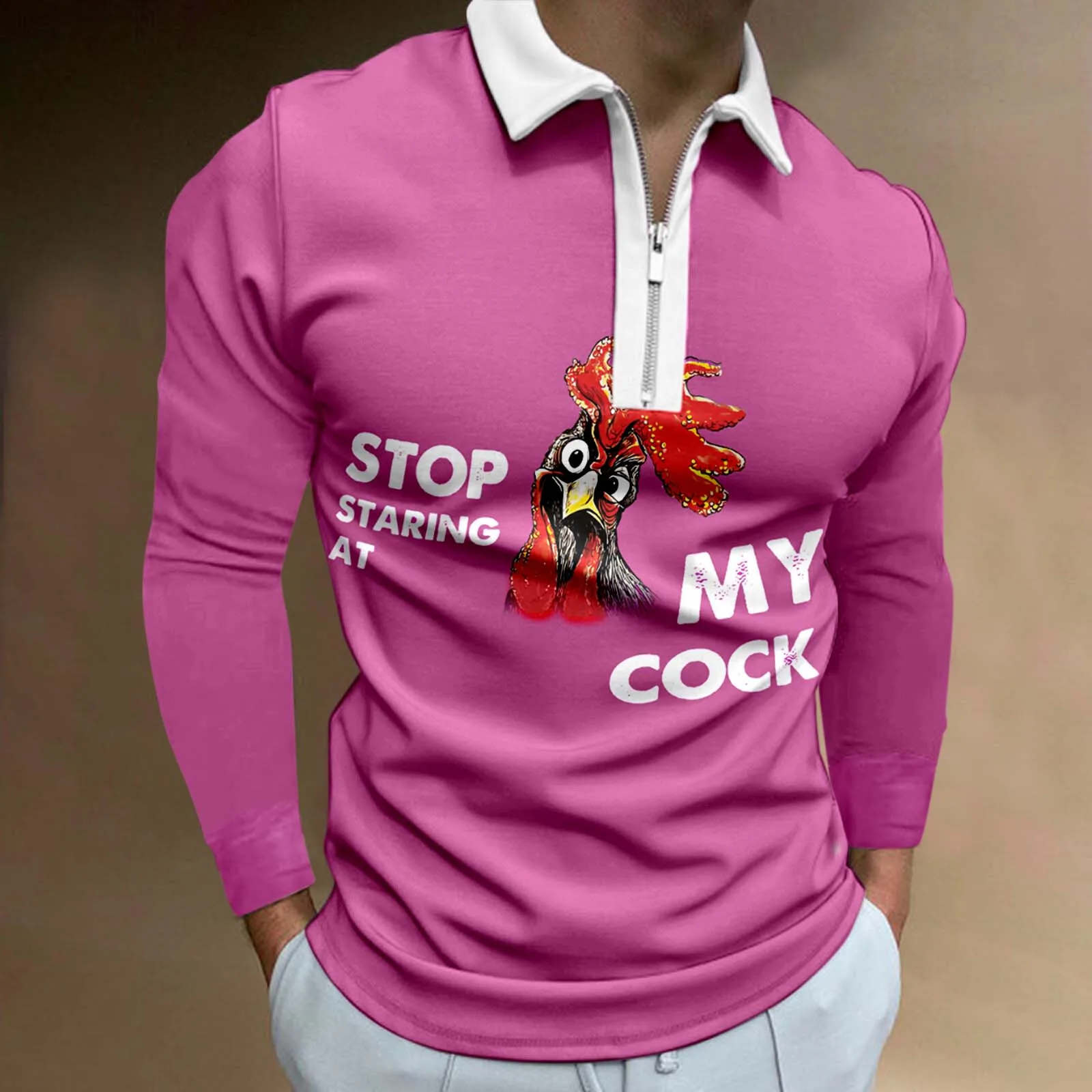 

Long Sleeve White Shirt Men Male Casual Cock Print Zipper Turn Down Collar Blouse Long Sleeve Tops Long Sleeve Mock Neck Tee