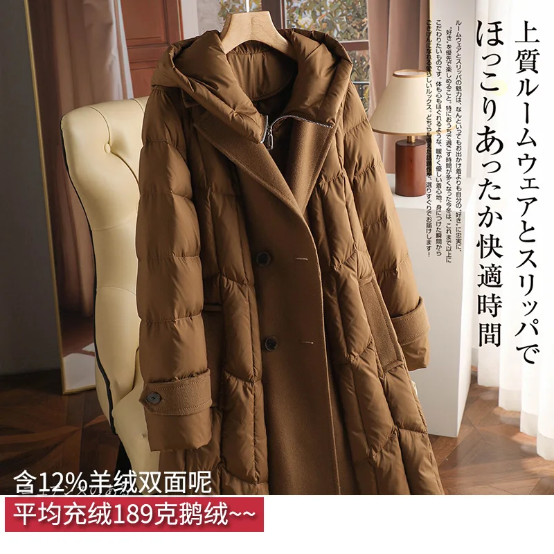 Long Duck Jacket Women 90%  White Goose Down  High Street  Thin  Double Breasted  Hat Detachable  Spliced  Abrigos Mujer