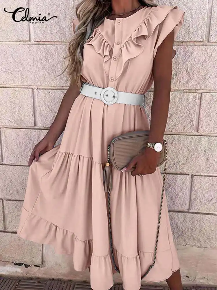 

Celmia 2023 Summer Buttons Midi Dress Sleeveless Tiered Casual O-neck Long Dress Women Ruffles Stitching Solid Color Sundress