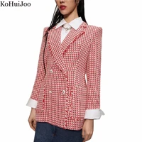 kohuijoo 2022 spring fall tweed woolen blazer women double breasted slim pocket formal slim suit jacket office lady coat plaid
