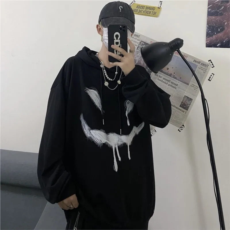

Coat Dark Black Graffiti Smiley Face Printing Sweater Shirt Men's Fried Street Plush Thick Loose Hip Hop Autumn Winter