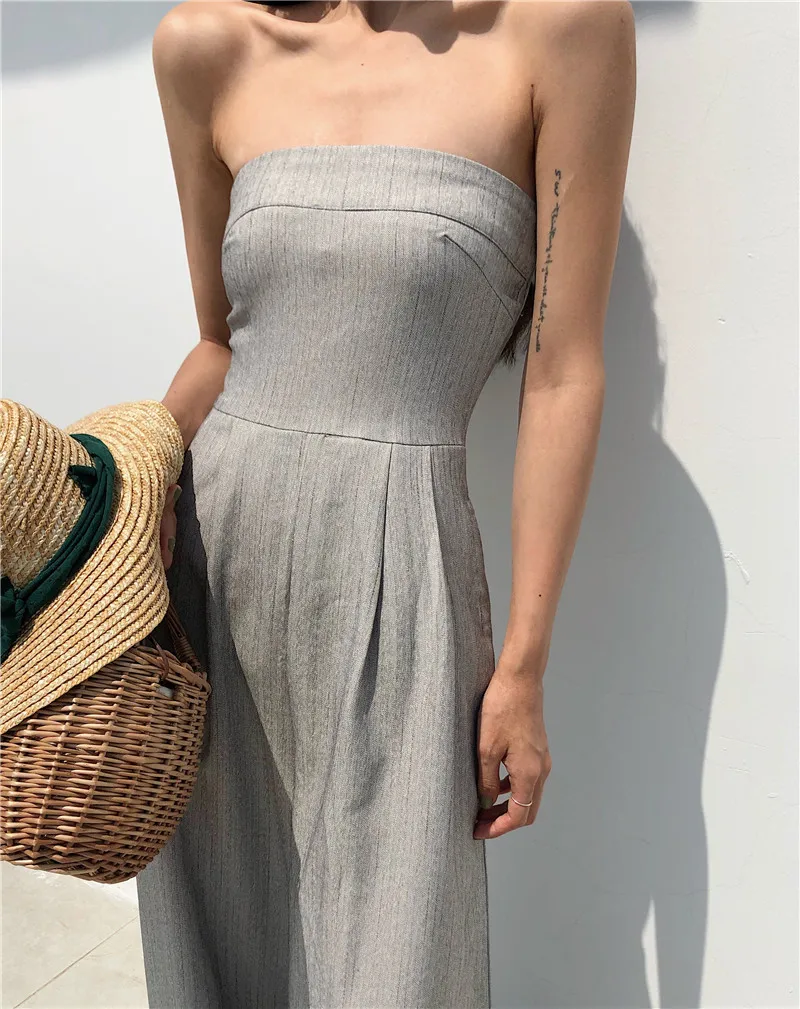 2021 New Spring and Autumn Retro One-shoulder Fashion Temperament Slim High Waist Slim Jumpsuit Tube Top Wide Leg Jumpsuit