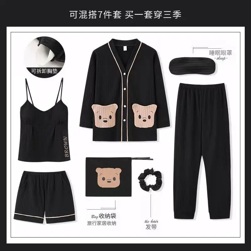 Pyjama 7 Pieces Women Spring Autumn Sleepwear Cotton Wear Home Clothes Sweet Casual Pajama Japan Cartoon Anime Print Mujer Lady