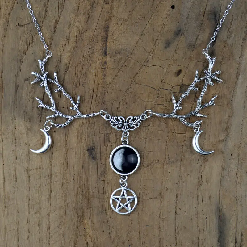 

Witch Necklace Galaxy Space Crescent Mysterious Fantasy Forest Branch Gothic Pentagram Necklace Pagan Witchcraft Magic Jewelry