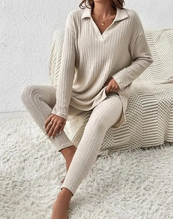 

Повседневный комплект из двух предметов для женщин, осенний наряд, модный топ с отложным воротником и длинным рукавом и простые брюки с высокой талией