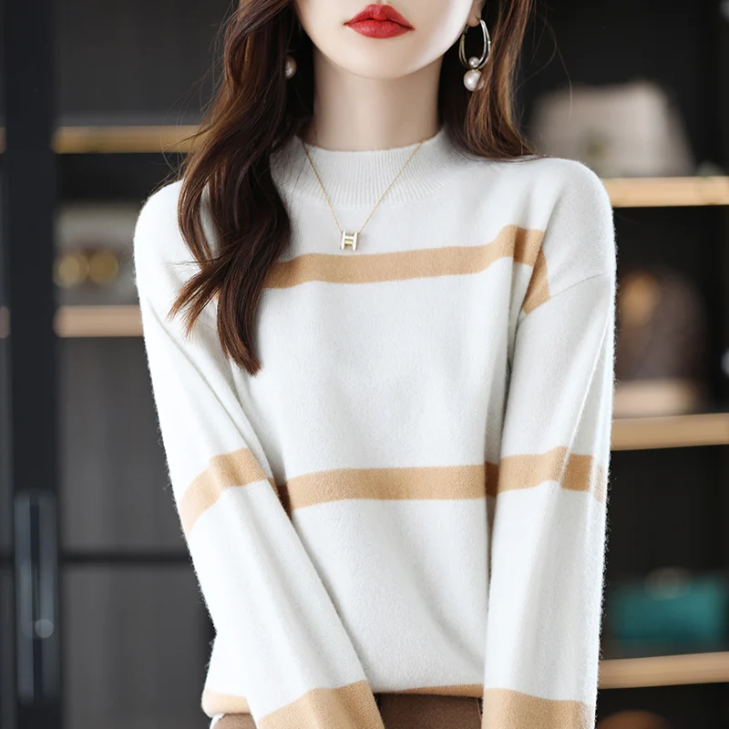 Autumn And Winter New 100% Pure Wool Ladies Mid-High Collar Stitching Pullover Sweater Casual Knitted Sweater Fashion Warm Base