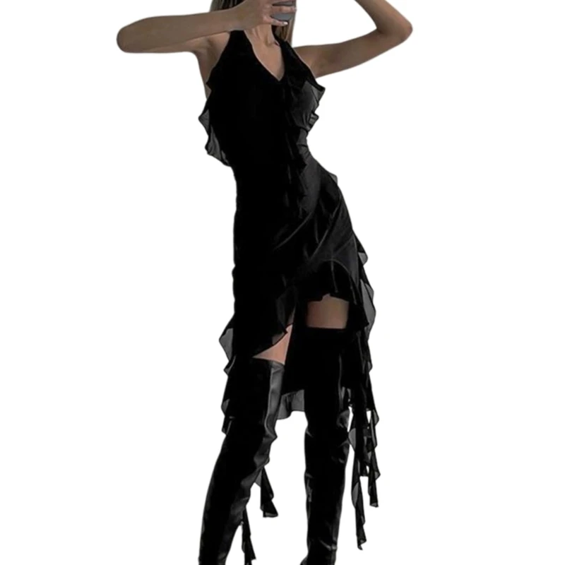 

H9ED Sleeveless Dresses Gauzes Camisole Sexy Clothing Falbalas Hem Women Girl Cloth