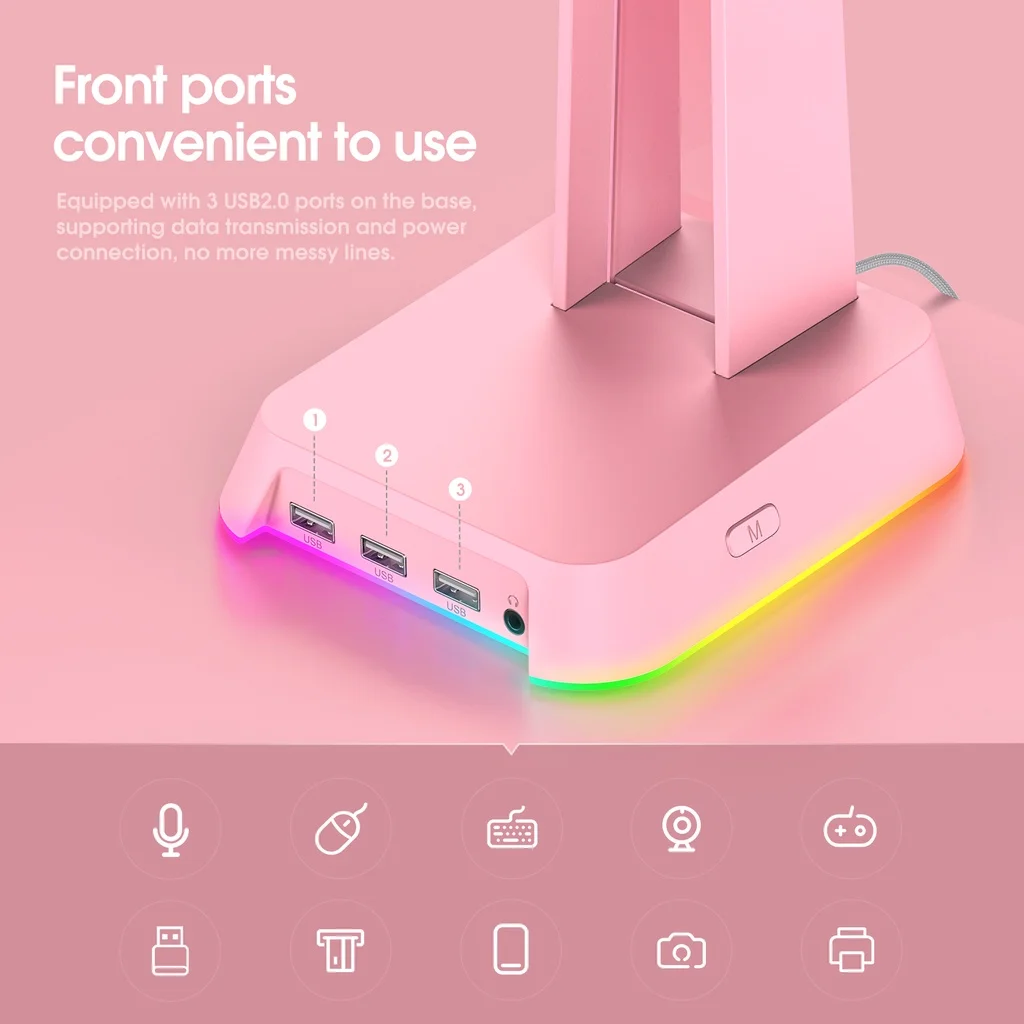 Onikuma ST2 Pink RGB Gaming Headphone Stand Computer Headset Desktop Display Holder Luminous Logo with 3 USB and 3.5mm AUX Ports |