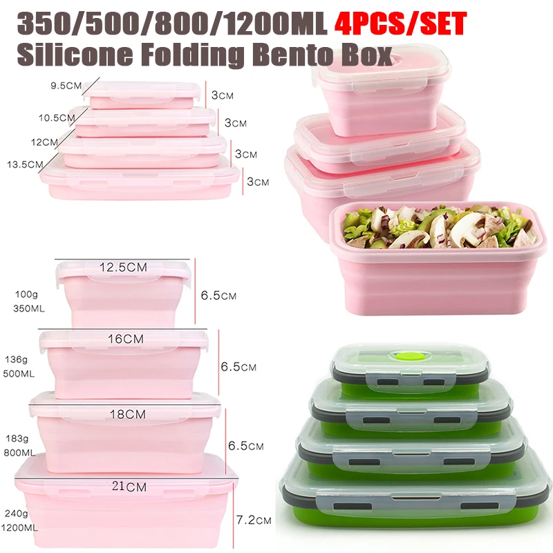 

4pcs/set Silicone Rectangle Lunch Box Collapsible Bento Box Folding Food Container Bowl 300/500/800/1200ml for Dinnerware