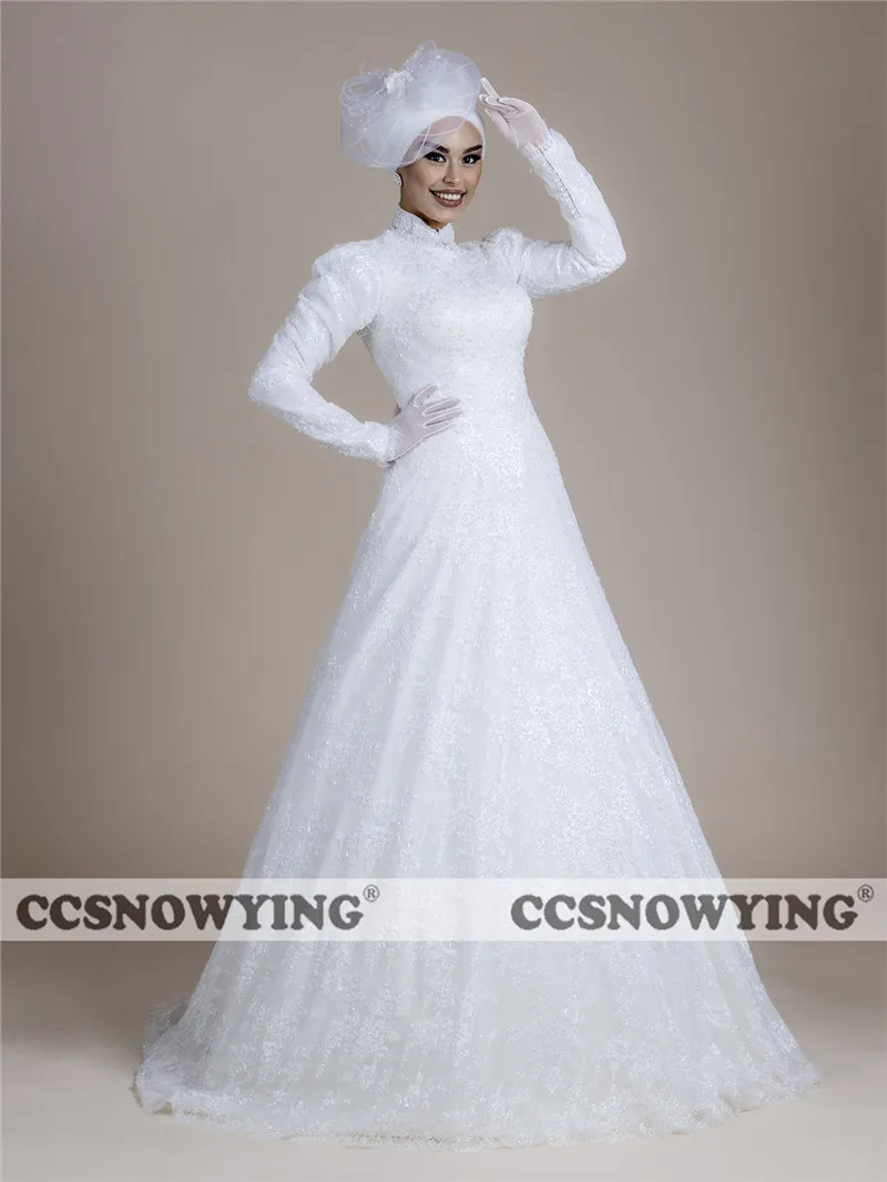 

Lace Long Sleeve Hijab Muslim Wedding Dress for Bride High Neck Islamic Bridal Gowns Women Arabic Kaftan Robe De Mariée