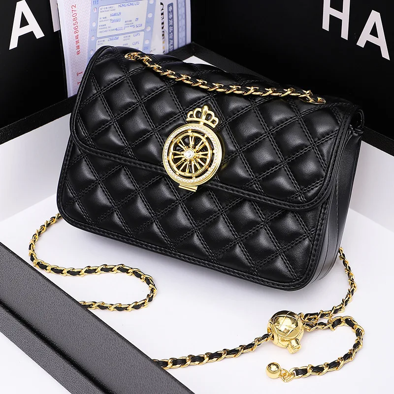 

2022 New Products Come Running Leather Women's Bag Personality Crown Small Fragrance Messenger Bag Small Golden Ball Chain Bag