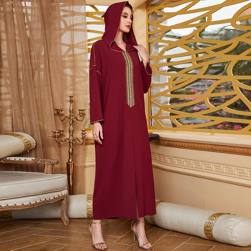 2022 Fashion Women Muslin Dress Ramadan Listing Hooded Collar Long Sleeve Printing Solid Color Patchwork Lady Dress For Spring
