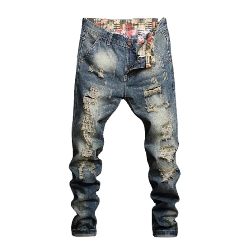 Men Ripped Demin Jeans for Men Hole Pants Hip Hop Streetwear Distressed Motorcycle Biker Baggy Jeans Men Clothing Long Trousers