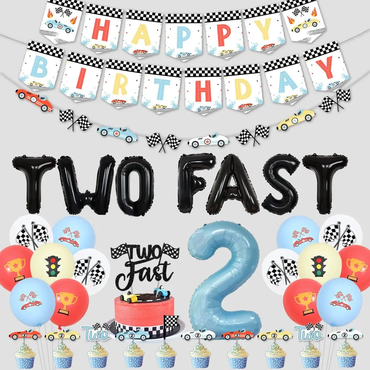 JOYMEMO Two Fast 2nd Birthday Decorations Retro Race Car Themed Party joymemo-two-fast-2nd-birthday-decorations-retro-race-car-themed-party