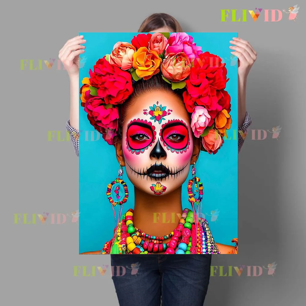 Мексиканский день мертвых цветы призрак лицо девушка женщина плакат настенная