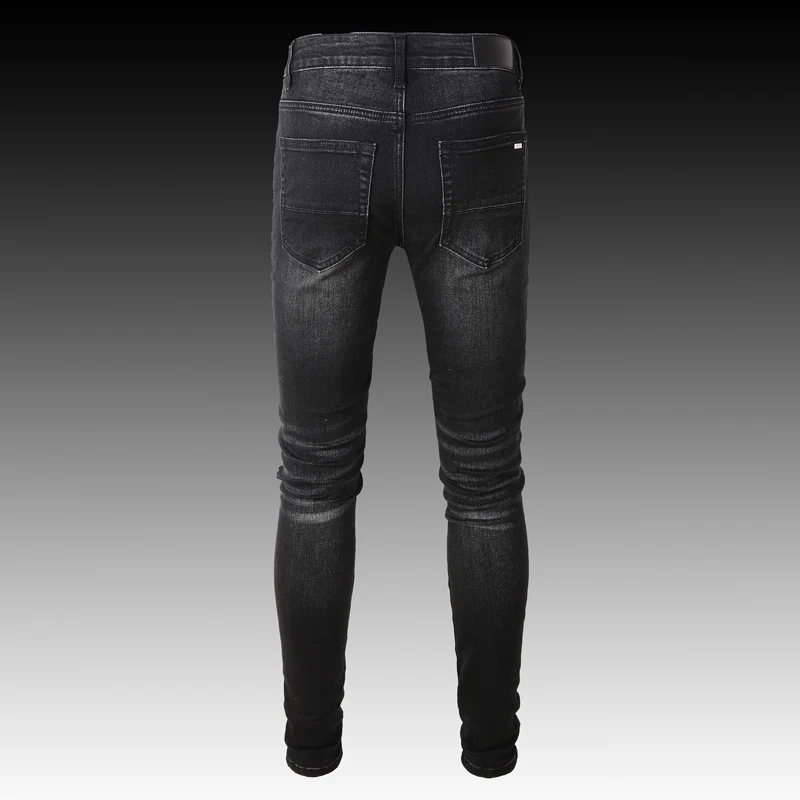 High Street Fashion Men Jeans Black Gray Elastic Slim Fit Ripped Jeans Homme Printed Designer Brand Hip Hop Denim Punk Pants Men
