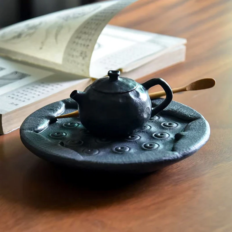 Фото Лоток для чая Lotus Pod Zen - черный базальтовый ручной работы, прочный натуральный камень, аксессуар для чайной церемонии, офисный домашний декор, чайный сервиз Gongfu №3
