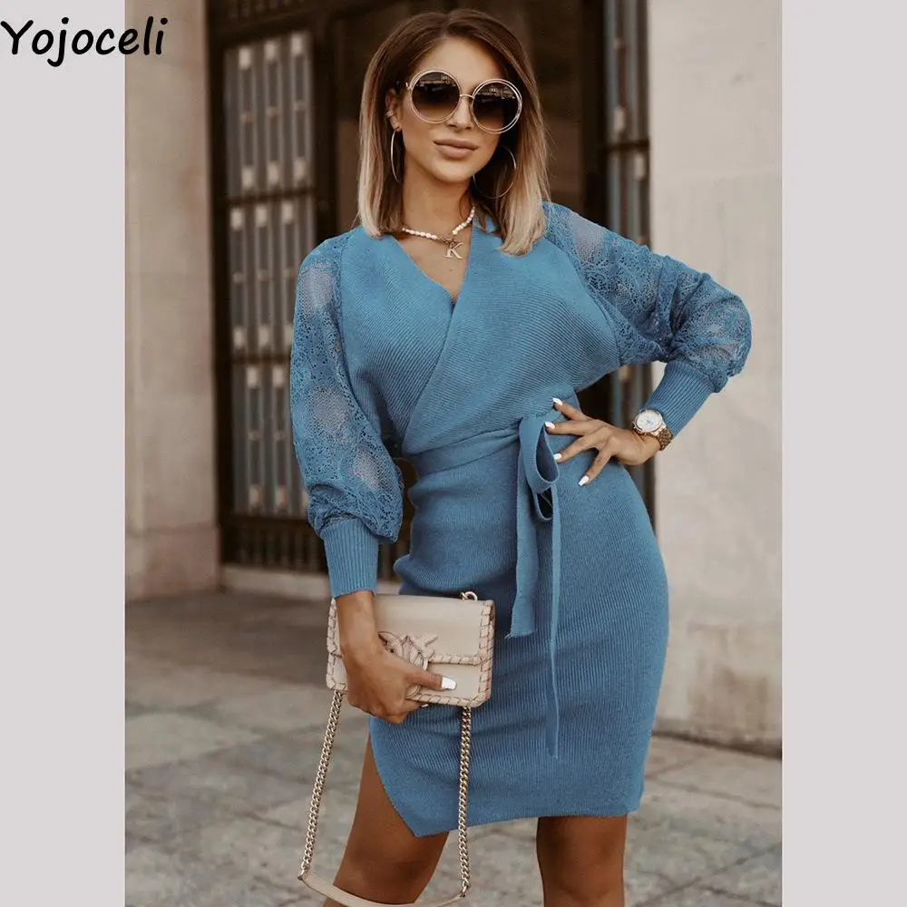 

Yojoceli Sexy women lace sleeve knitted autumn dress Sashes wrap split elegant casual dress Winter black bodycon sweater dress